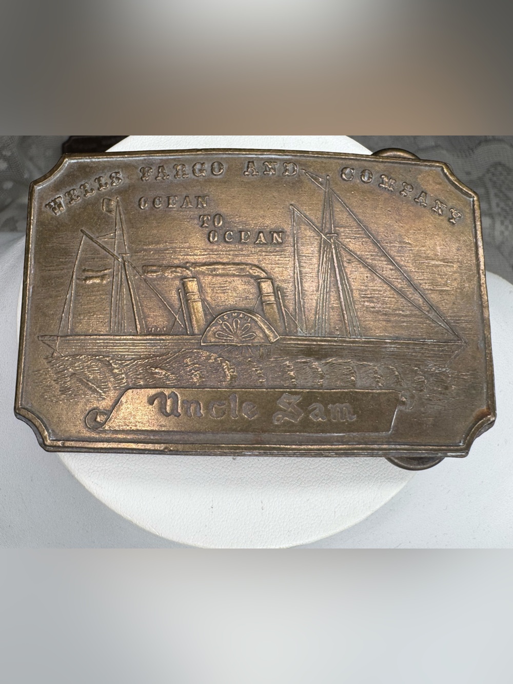 Vintage Wells Fargo & Company Ocean to Ocean  Belt Buckle Uncle Sam Tiffany NY